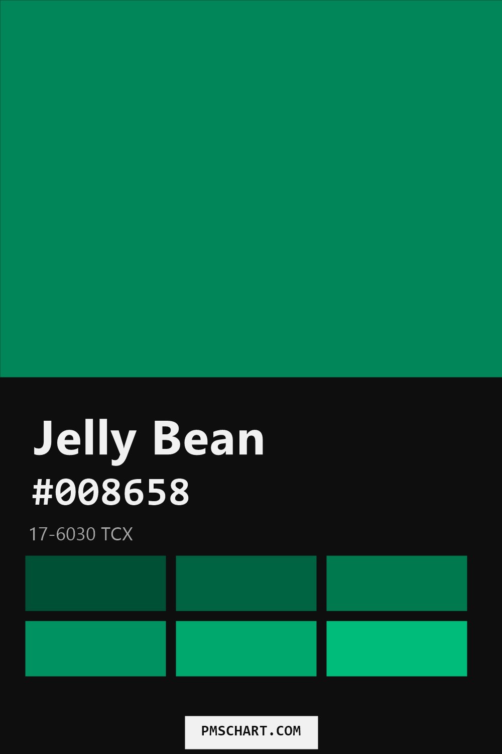 Pantone Jelly Bean 17-6030 TCX color reference card (HEX #008658) with six nearest Pantone matches