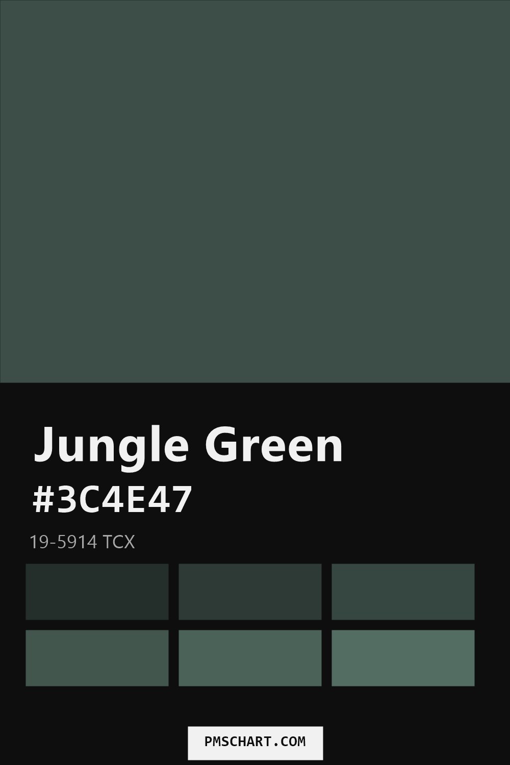 Pantone Jungle Green 19-5914 TCX color reference card (HEX #3C4E47) with six nearest Pantone matches