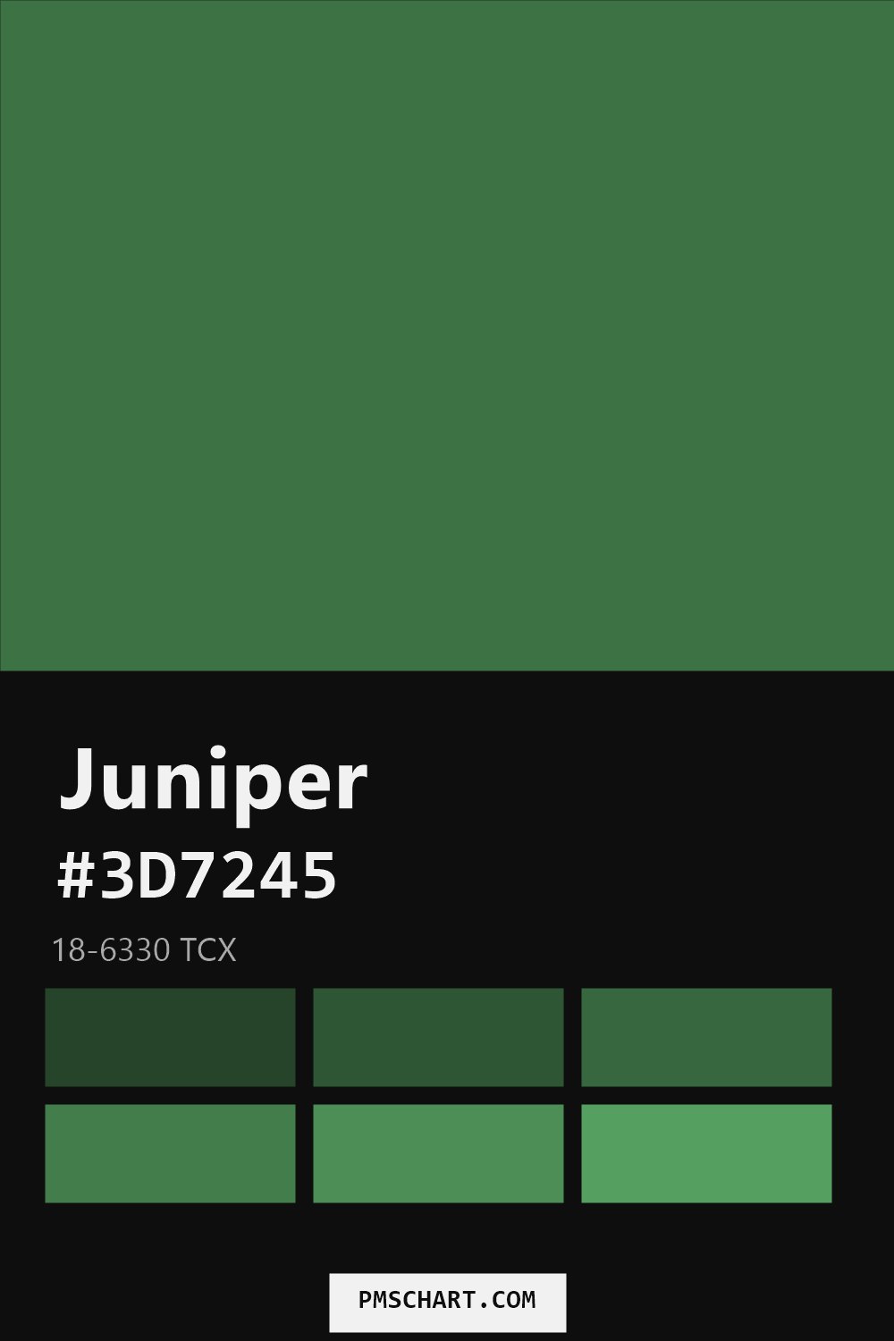 Pantone Juniper 18-6330 TCX color reference card (HEX #3D7245) with six nearest Pantone matches