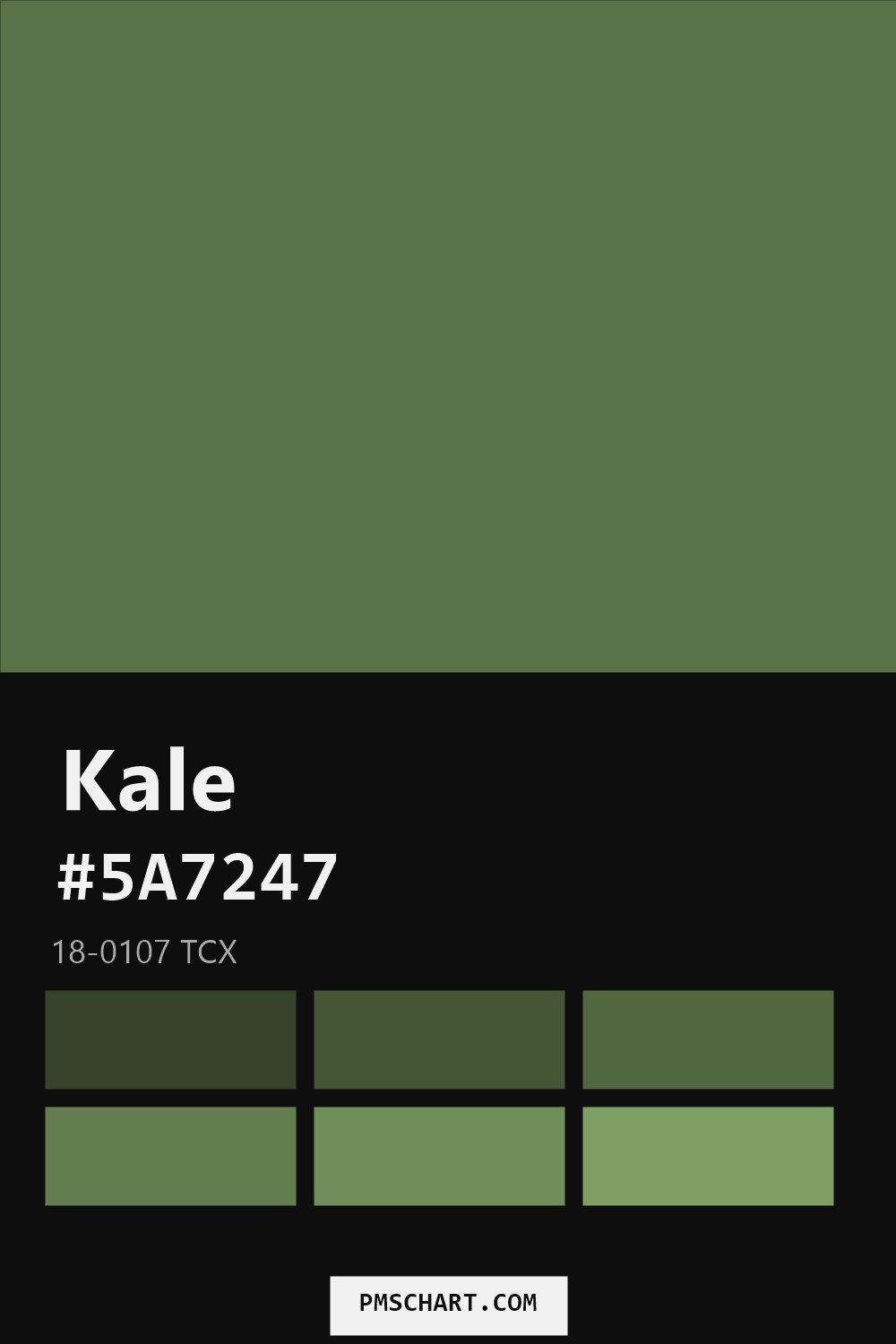 Pantone Kale 18-0107 TCX color reference card (HEX #5A7247) with six nearest Pantone matches