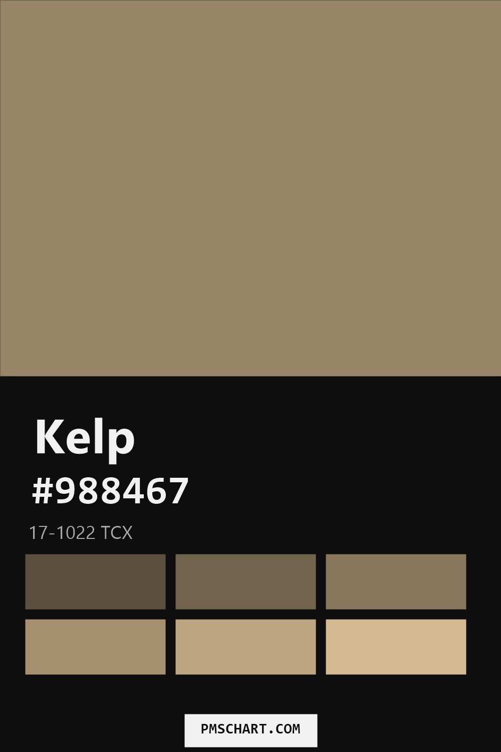 Pantone Kelp 17-1022 TCX color reference card (HEX #988467) with six nearest Pantone matches
