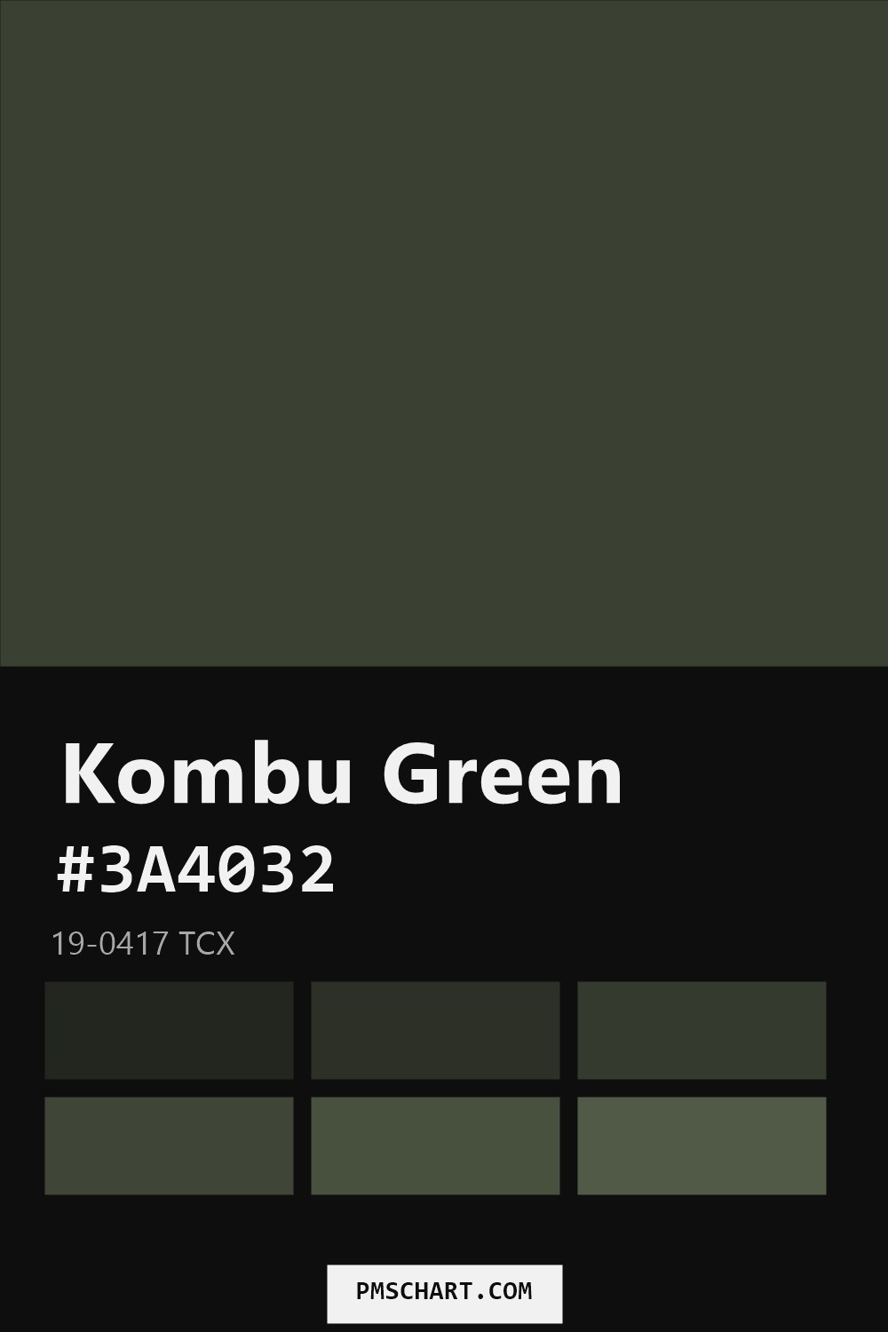 Pantone Kombu Green 19-0417 TCX color reference card (HEX #3A4032) with six nearest Pantone matches