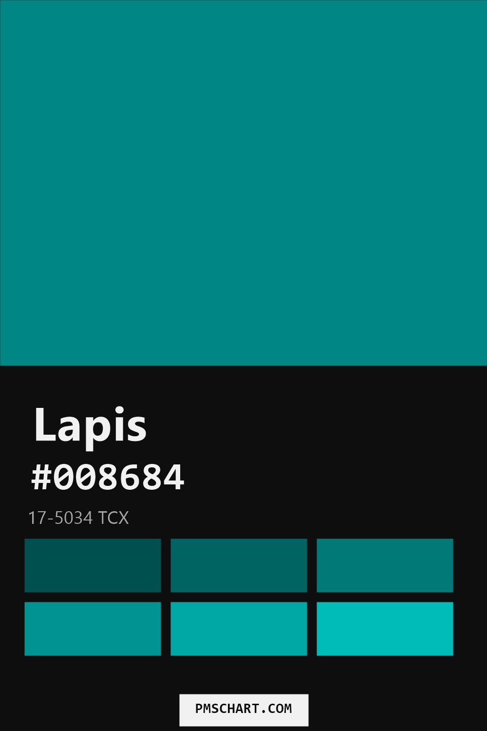 Pantone Lapis 17-5034 TCX color reference card (HEX #008684) with six nearest Pantone matches