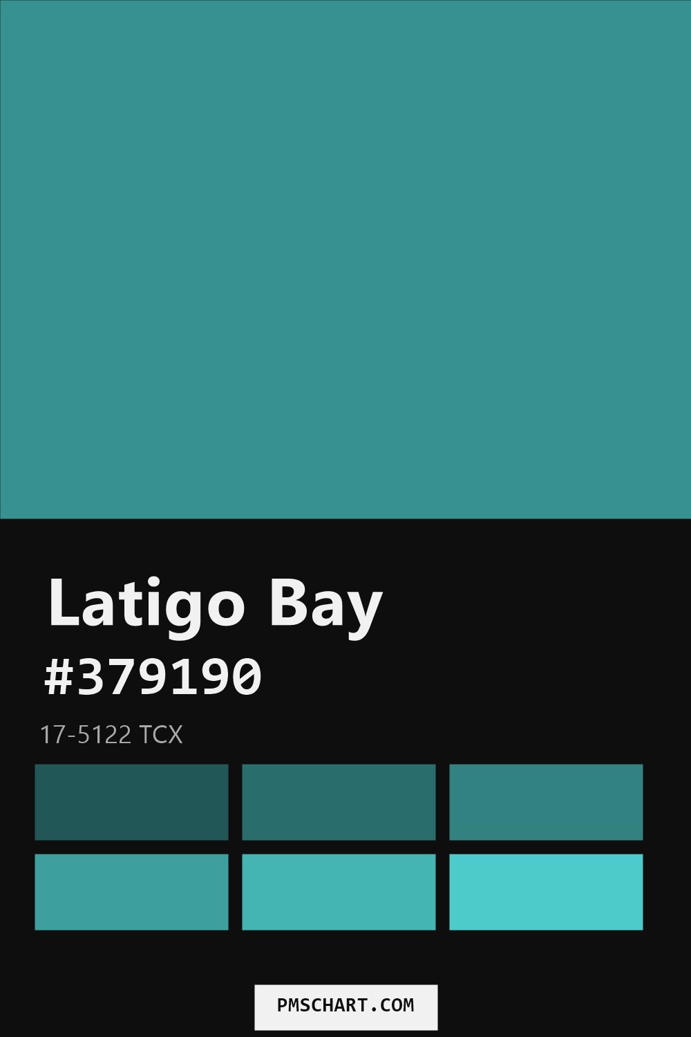 Pantone Latigo Bay 17-5122 TCX color reference card (HEX #379190) with six nearest Pantone matches