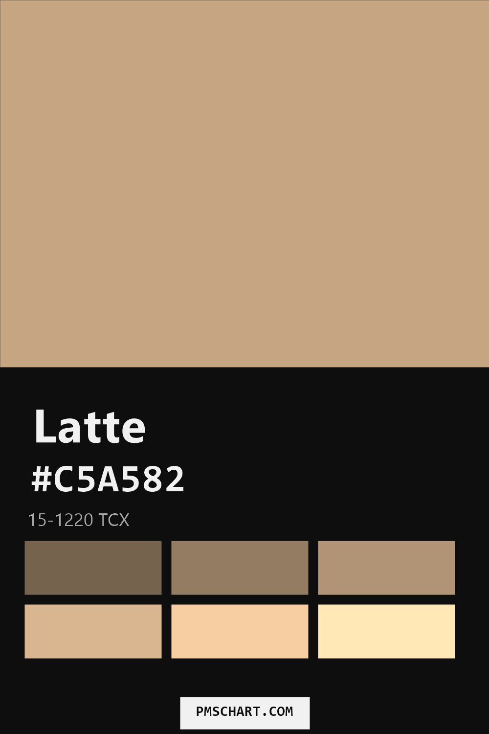 Pantone Latte 15-1220 TCX color reference card (HEX #C5A582) with six nearest Pantone matches
