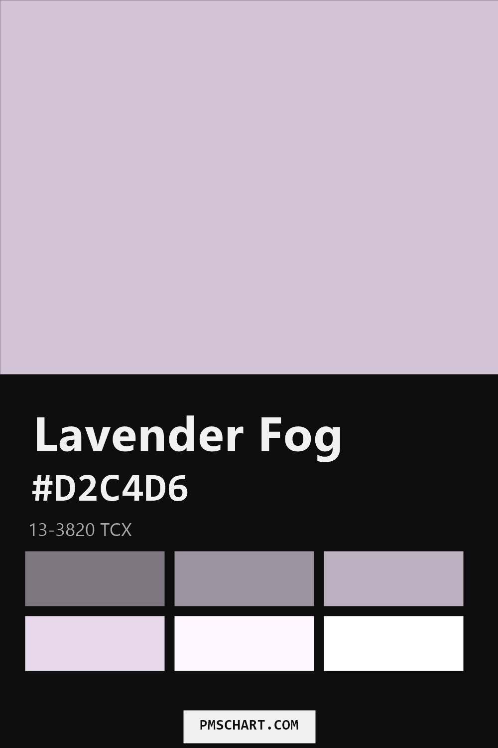 Pantone Lavender Fog 13-3820 TCX color reference card (HEX #D2C4D6) with six nearest Pantone matches