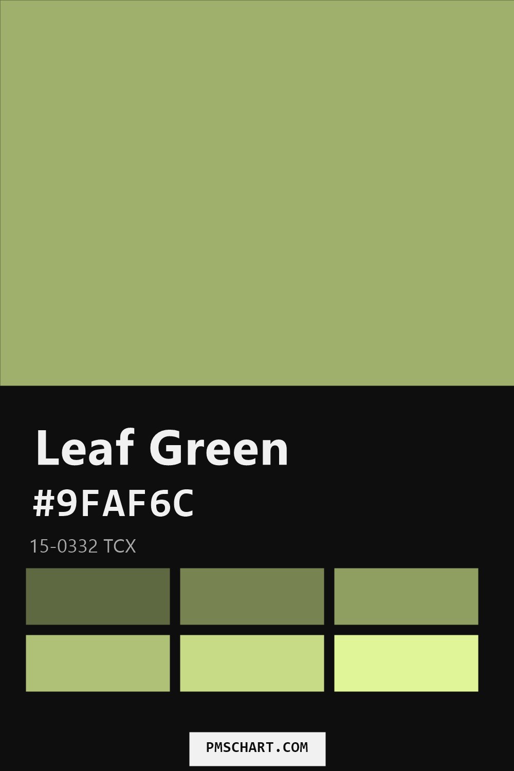 Pantone Leaf Green 15-0332 TCX color reference card (HEX #9FAF6C) with six nearest Pantone matches