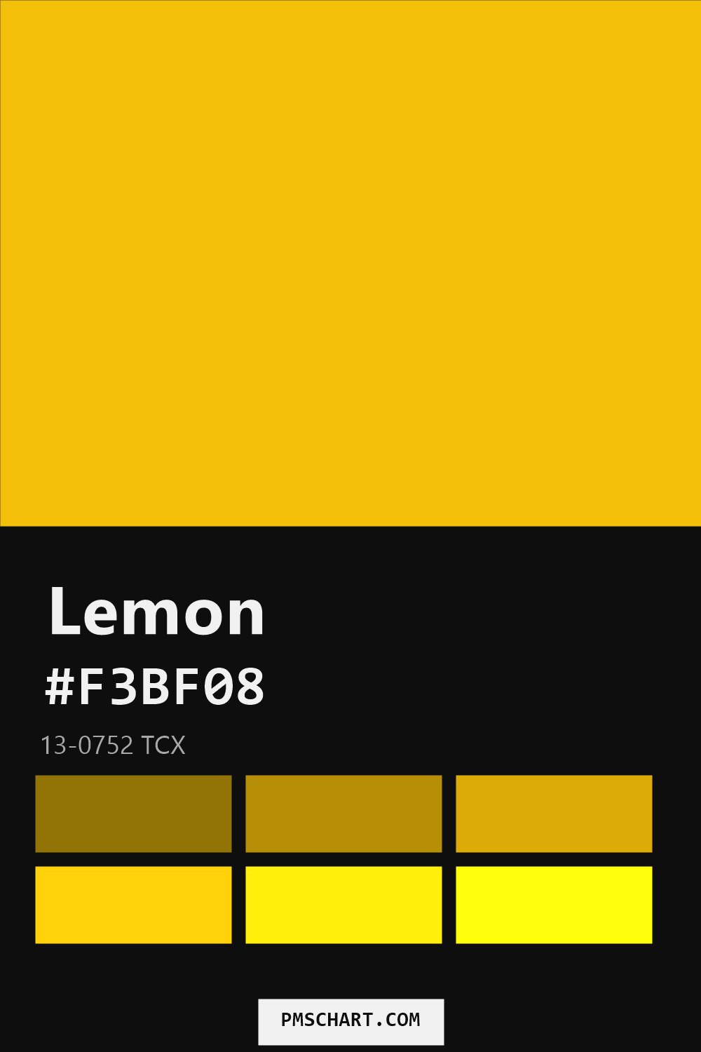 Pantone Lemon 13-0752 TCX color reference card (HEX #F3BF08) with six nearest Pantone matches