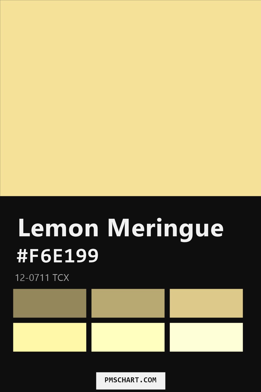 Pantone Lemon Meringue 12-0711 TCX color reference card (HEX #F6E199) with six nearest Pantone matches