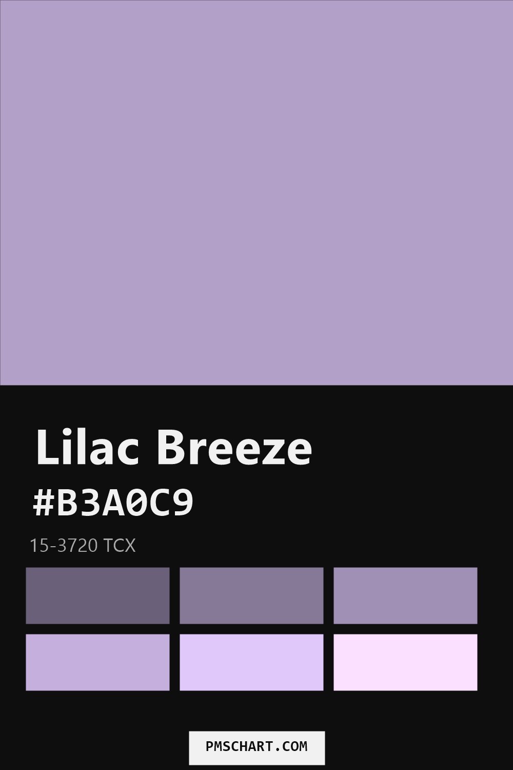 Pantone Lilac Breeze 15-3720 TCX color reference card (HEX #B3A0C9) with six nearest Pantone matches