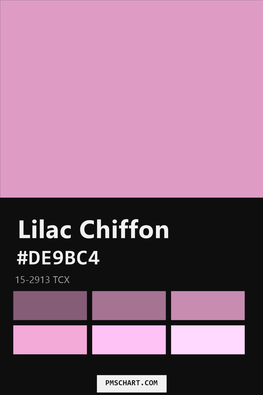 Pantone Lilac Chiffon 15-2913 TCX color reference card (HEX #DE9BC4) with six nearest Pantone matches