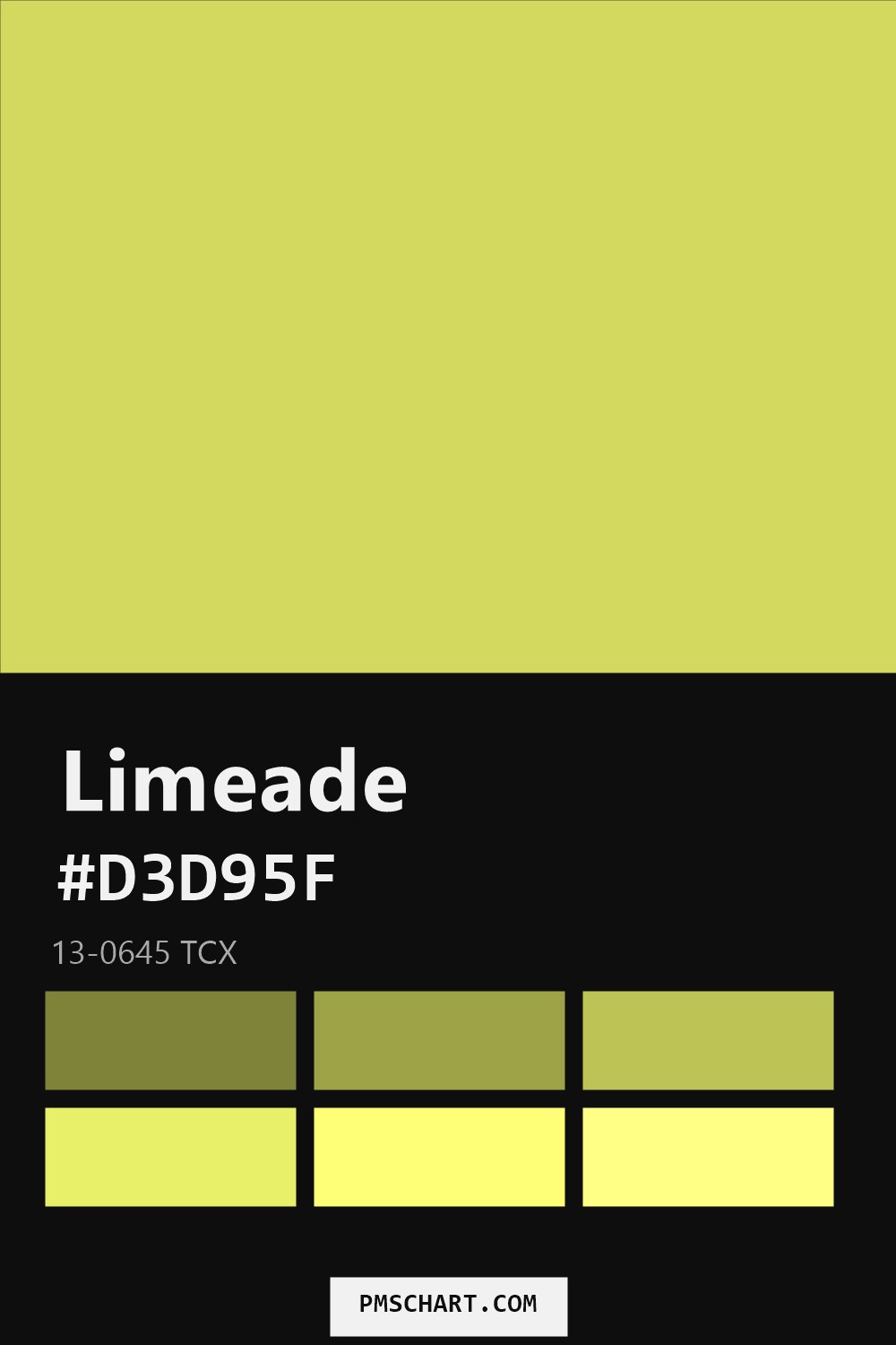 Pantone Limeade 13-0645 TCX color reference card (HEX #D3D95F) with six nearest Pantone matches
