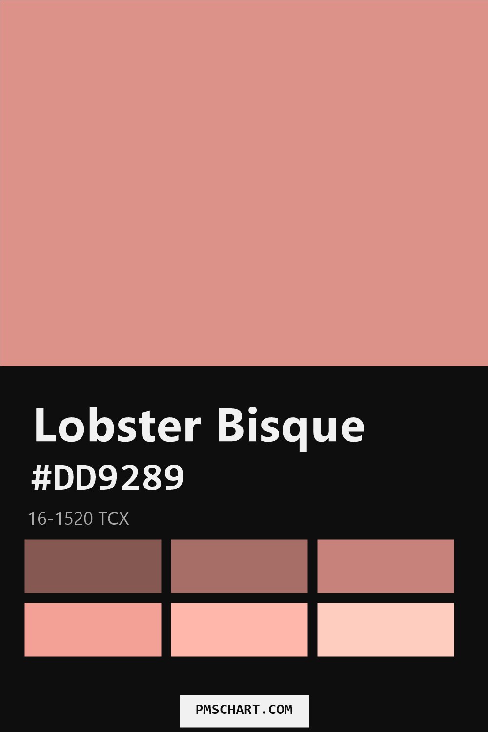 Pantone Lobster Bisque 16-1520 TCX color reference card (HEX #DD9289) with six nearest Pantone matches