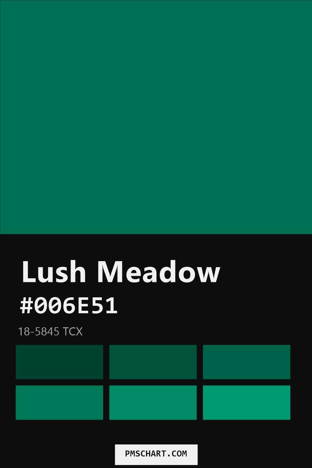 Pantone Lush Meadow 18-5845 TCX color reference card (HEX #006E51) with six nearest Pantone matches
