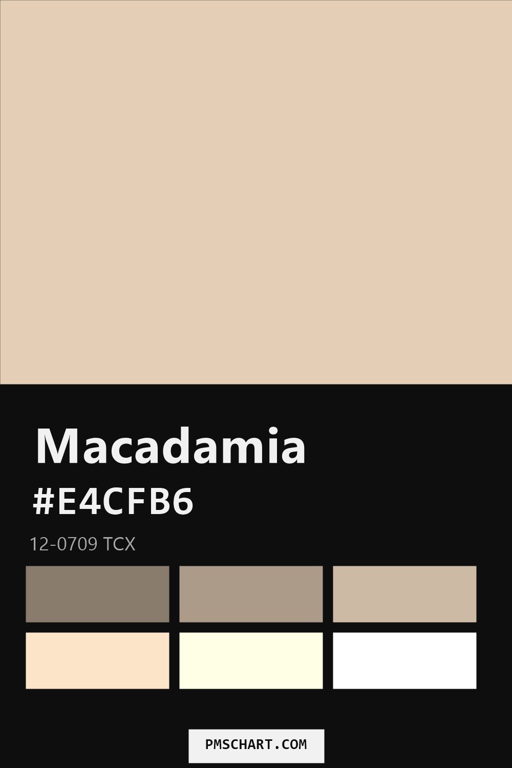 Pantone Macadamia 12-0709 TCX color reference card (HEX #E4CFB6) with six nearest Pantone matches