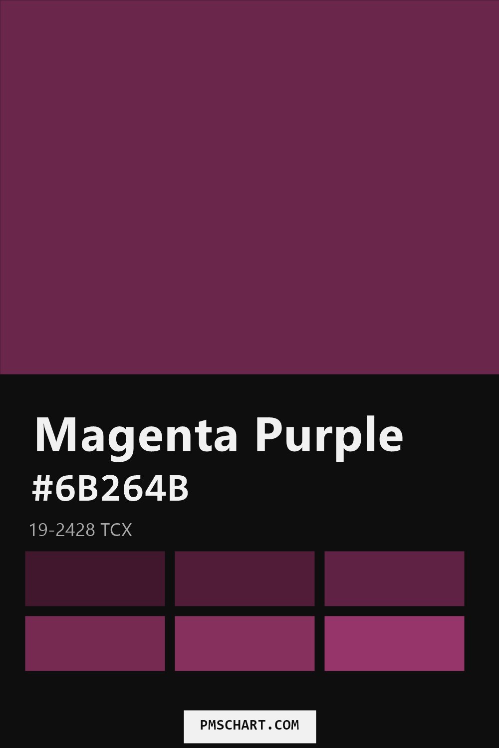 Pantone Magenta Purple 19-2428 TCX color reference card (HEX #6B264B) with six nearest Pantone matches