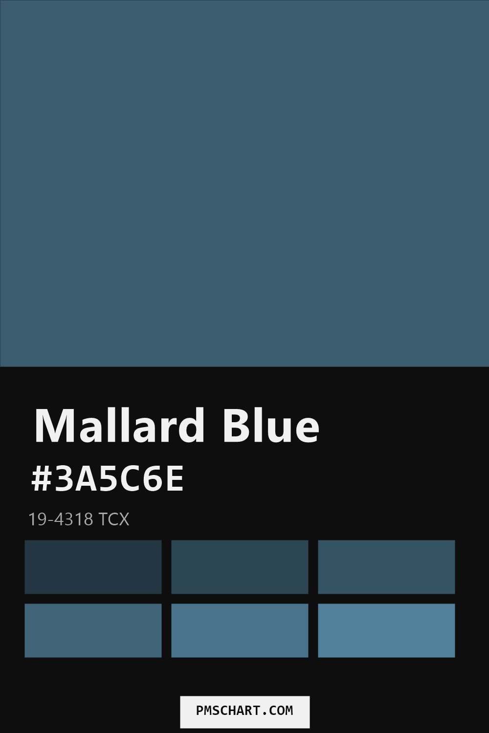 Pantone Mallard Blue 19-4318 TCX color reference card (HEX #3A5C6E) with six nearest Pantone matches