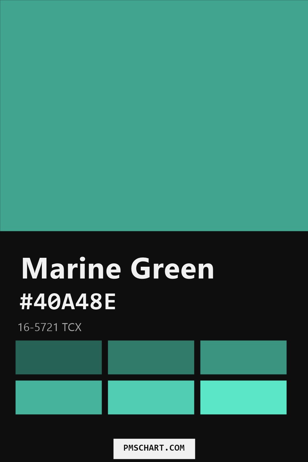 Pantone Marine Green 16-5721 TCX color reference card (HEX #40A48E) with six nearest Pantone matches