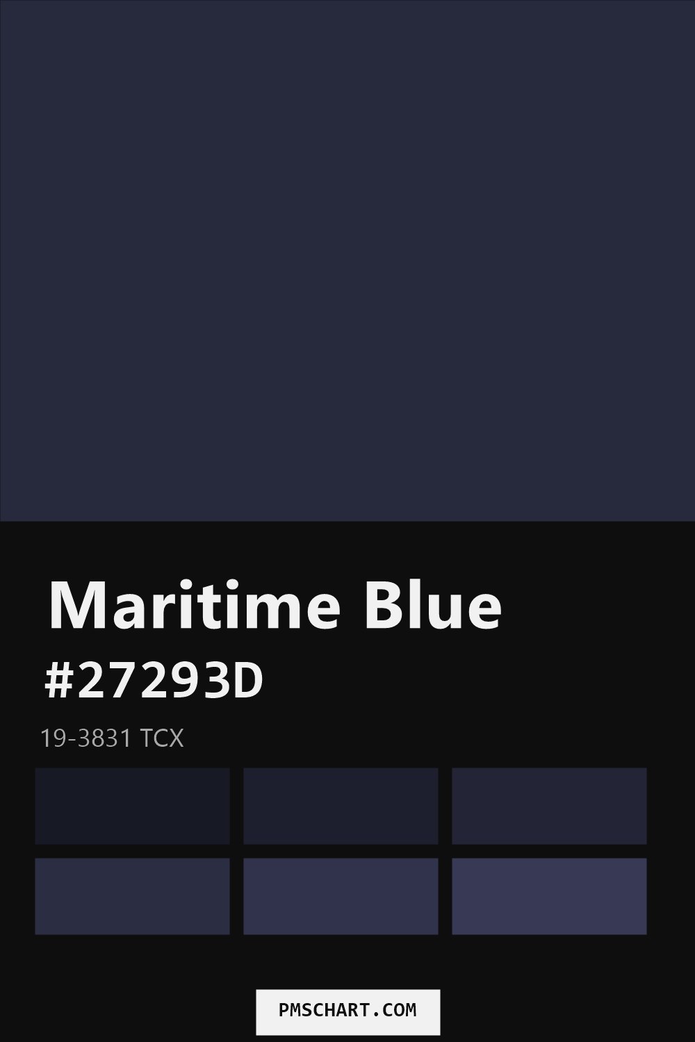 Pantone Maritime Blue 19-3831 TCX color reference card (HEX #27293D) with six nearest Pantone matches