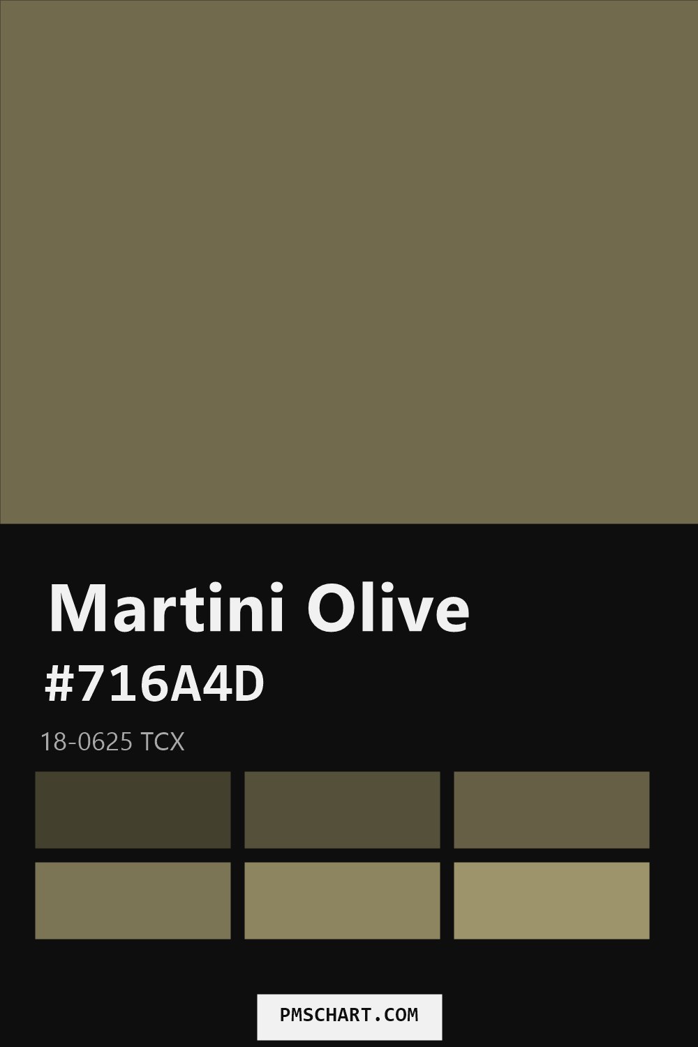 Pantone Martini Olive 18-0625 TCX color reference card (HEX #716A4D) with six nearest Pantone matches