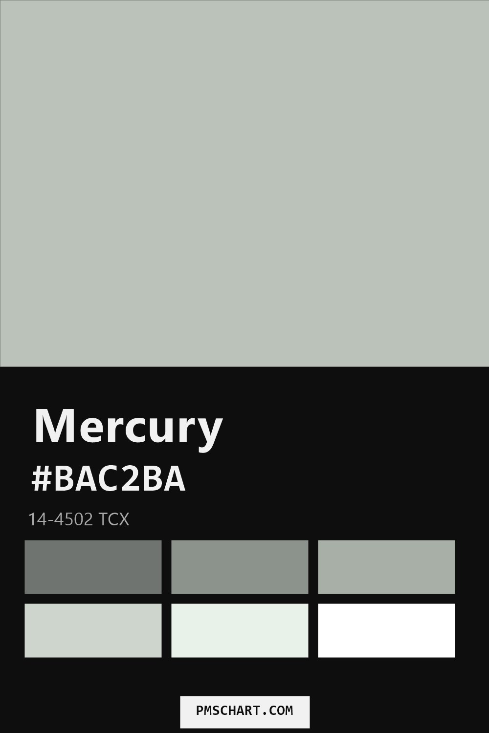 Pantone Mercury 14-4502 TCX color reference card (HEX #BAC2BA) with six nearest Pantone matches