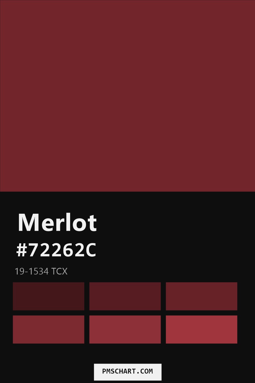 Pantone Merlot 19-1534 TCX color reference card (HEX #72262C) with six nearest Pantone matches