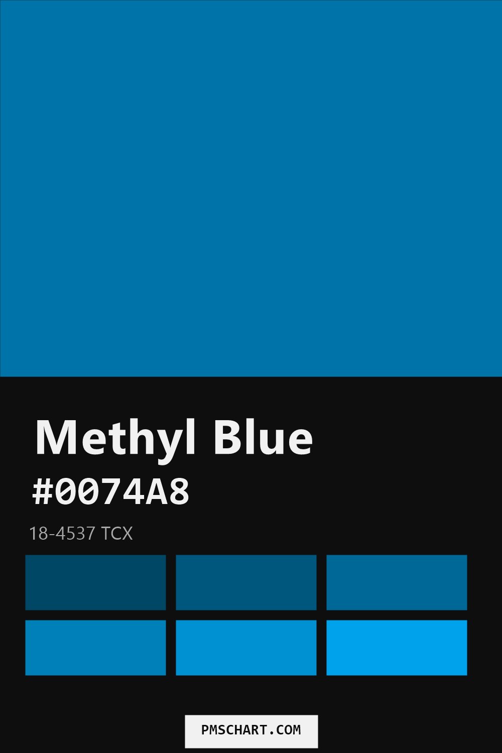 Pantone Methyl Blue 18-4537 TCX color reference card (HEX #0074A8) with six nearest Pantone matches