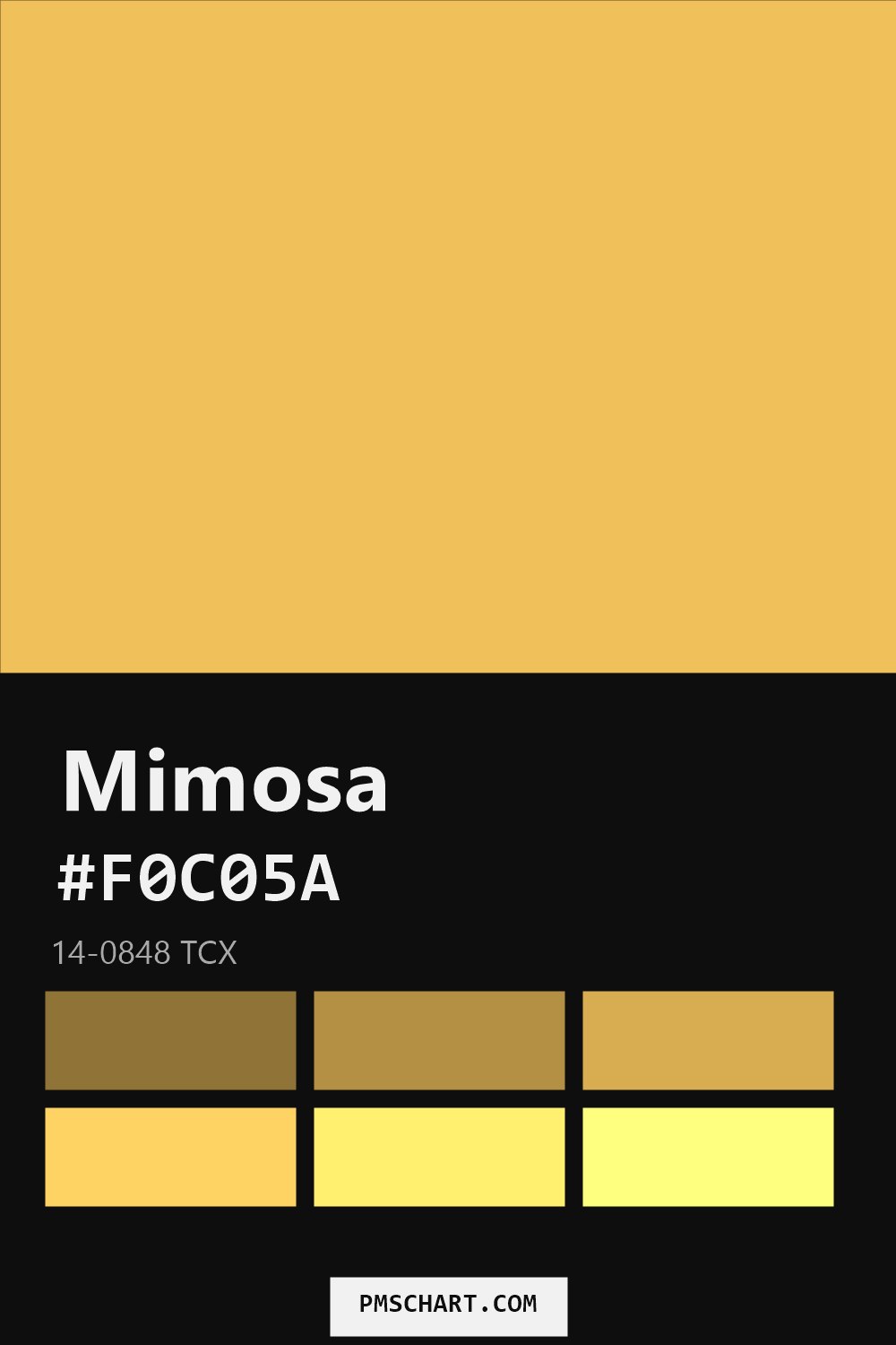 Pantone Mimosa 14-0848 TCX color reference card (HEX #F0C05A) with six nearest Pantone matches