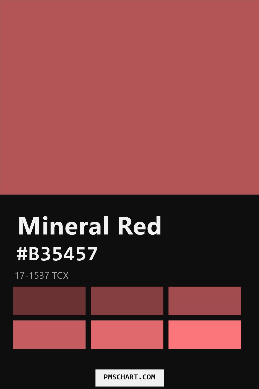 Pantone Mineral Red 17-1537 TCX color reference card (HEX #B35457) with six nearest Pantone matches