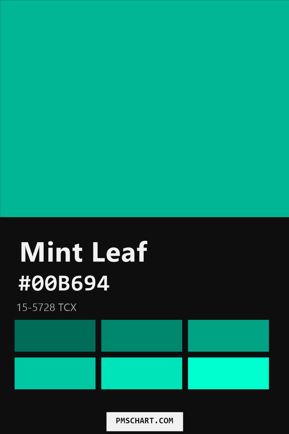 Pantone Mint Leaf 15-5728 TCX color reference card (HEX #00B694) with six nearest Pantone matches