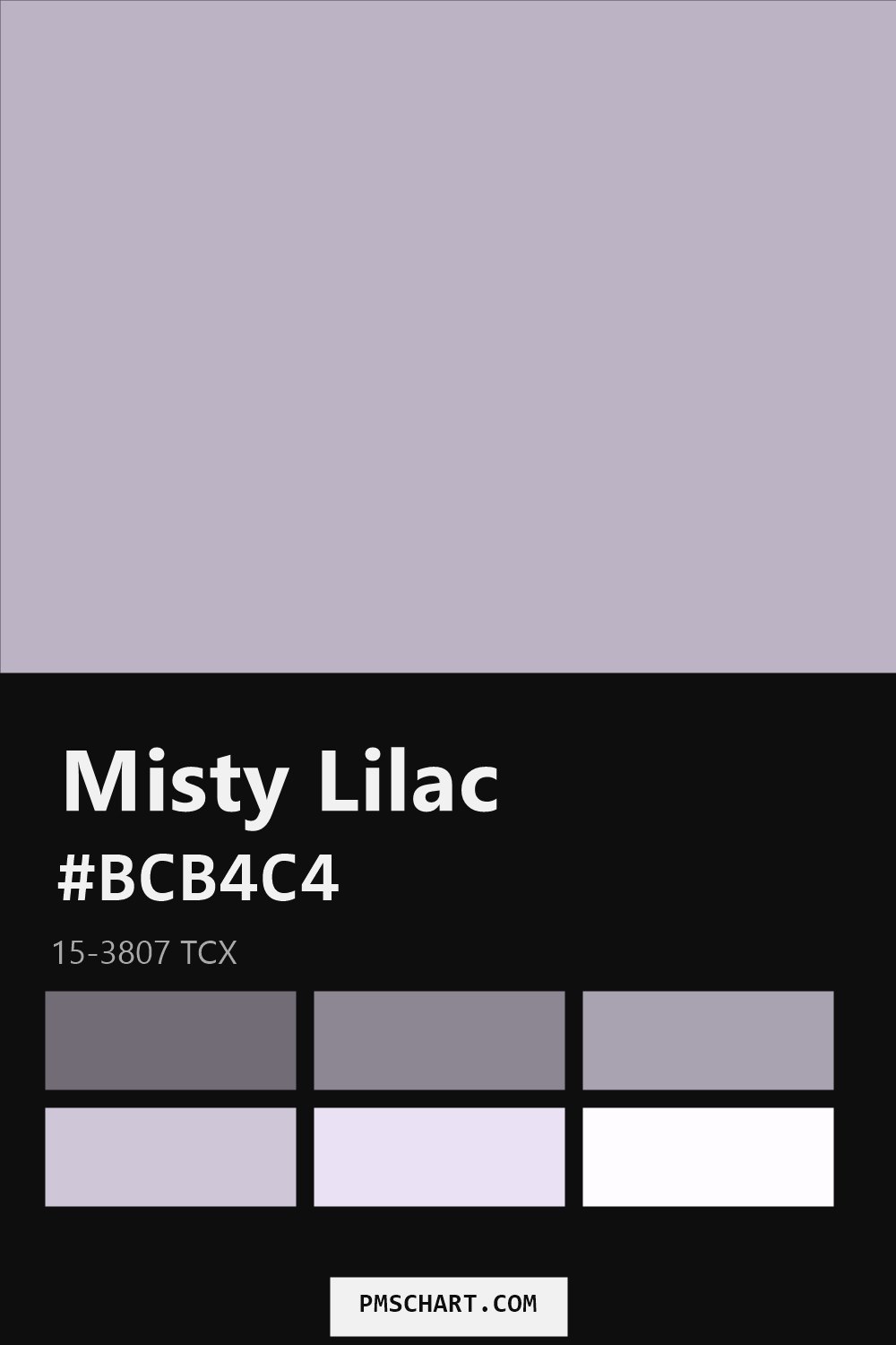 Pantone Misty Lilac 15-3807 TCX color reference card (HEX #BCB4C4) with six nearest Pantone matches