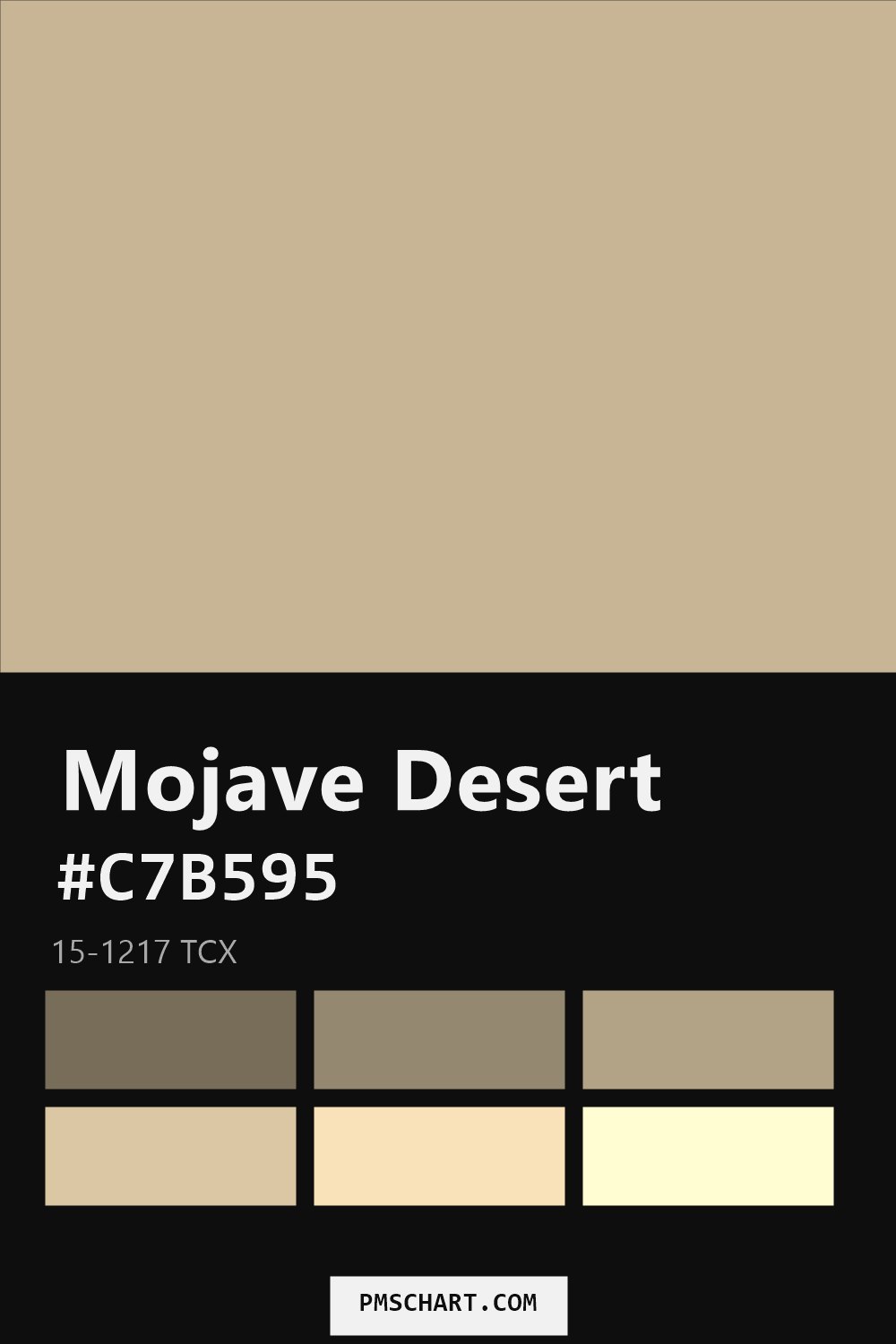 Pantone Mojave Desert 15-1217 TCX color reference card (HEX #C7B595) with six nearest Pantone matches