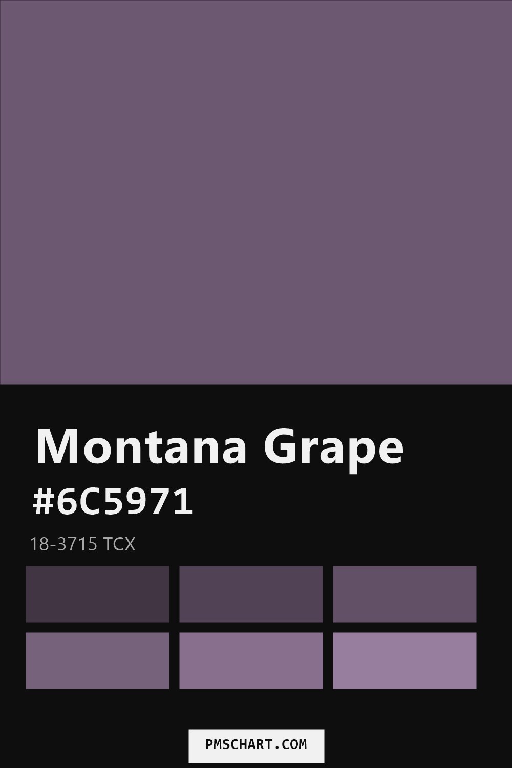 Pantone Montana Grape 18-3715 TCX color reference card (HEX #6C5971) with six nearest Pantone matches