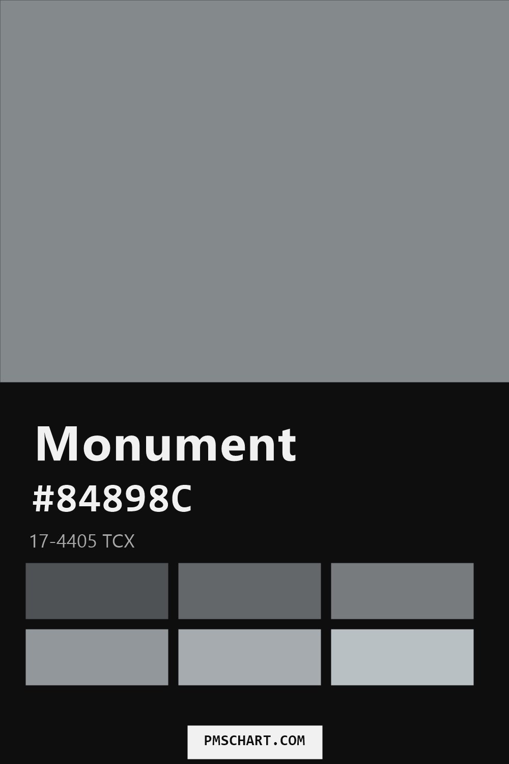 Pantone Monument 17-4405 TCX color reference card (HEX #84898C) with six nearest Pantone matches
