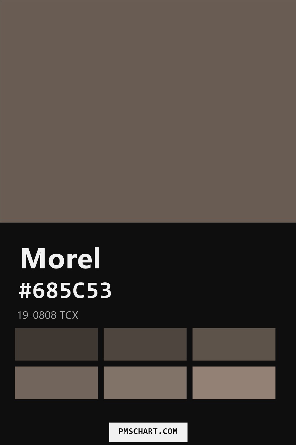 Pantone Morel 19-0808 TCX color reference card (HEX #685C53) with six nearest Pantone matches