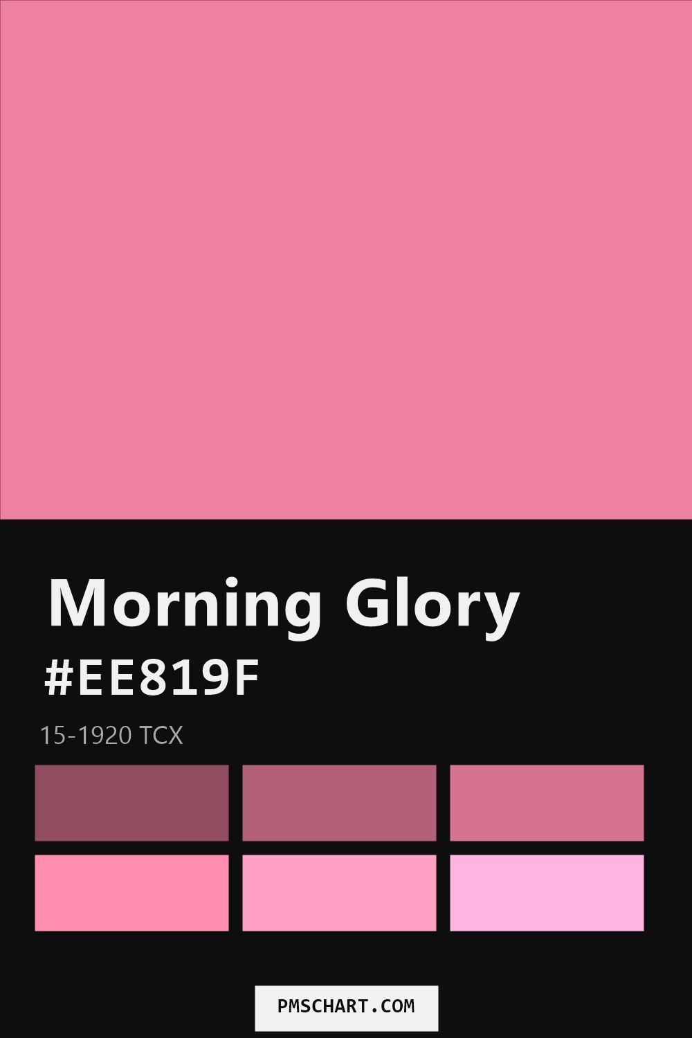 Pantone Morning Glory 15-1920 TCX color reference card (HEX #EE819F) with six nearest Pantone matches