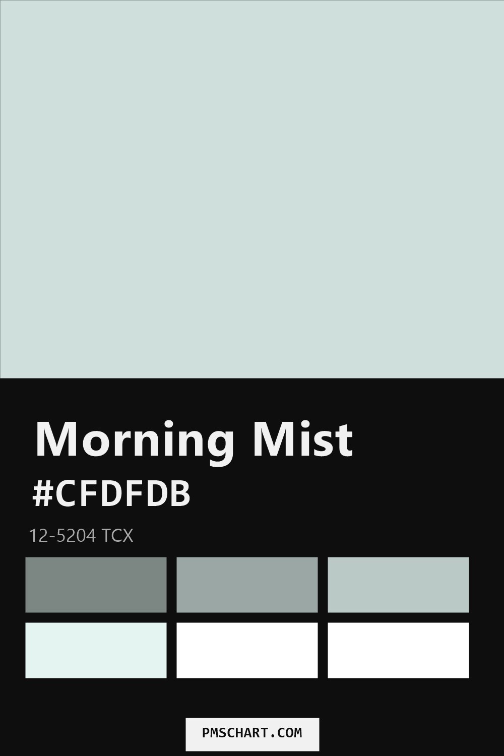 Pantone Morning Mist 12-5204 TCX color reference card (HEX #CFDFDB) with six nearest Pantone matches