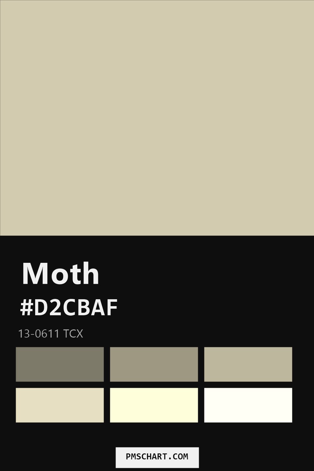 Pantone Moth 13-0611 TCX color reference card (HEX #D2CBAF) with six nearest Pantone matches