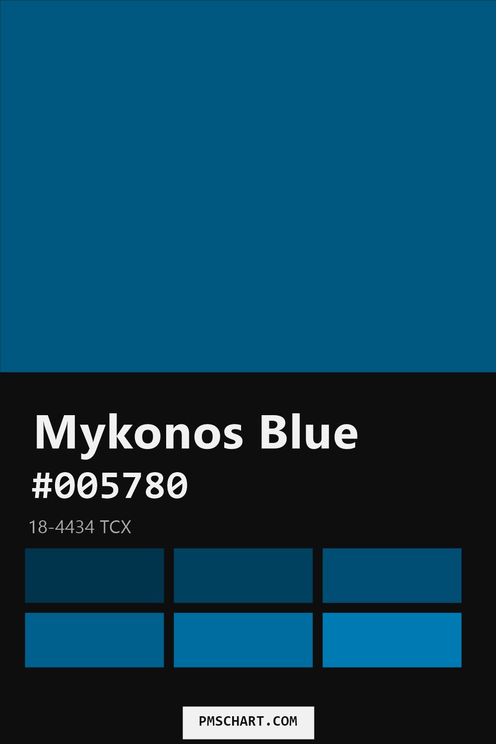 Pantone Mykonos Blue 18-4434 TCX color reference card (HEX #005780) with six nearest Pantone matches