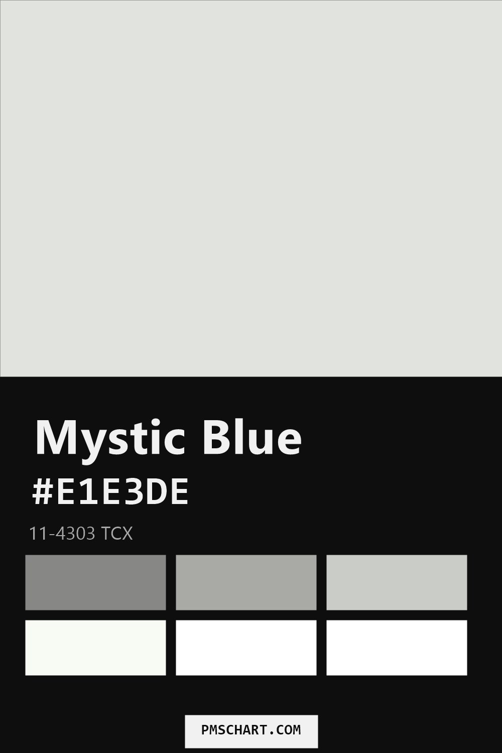 Pantone Mystic Blue 11-4303 TCX color reference card (HEX #E1E3DE) with six nearest Pantone matches