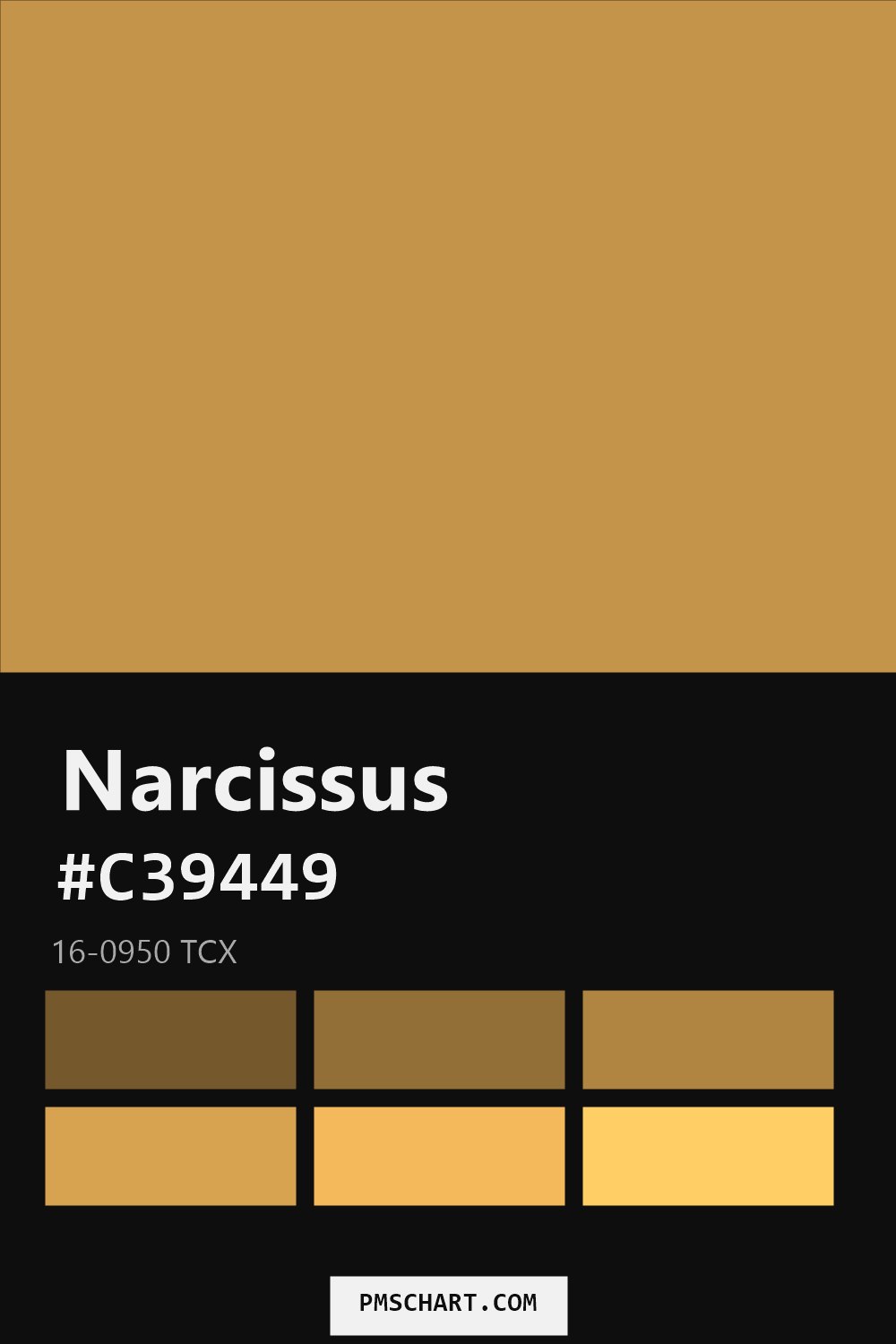 Pantone Narcissus 16-0950 TCX color reference card (HEX #C39449) with six nearest Pantone matches