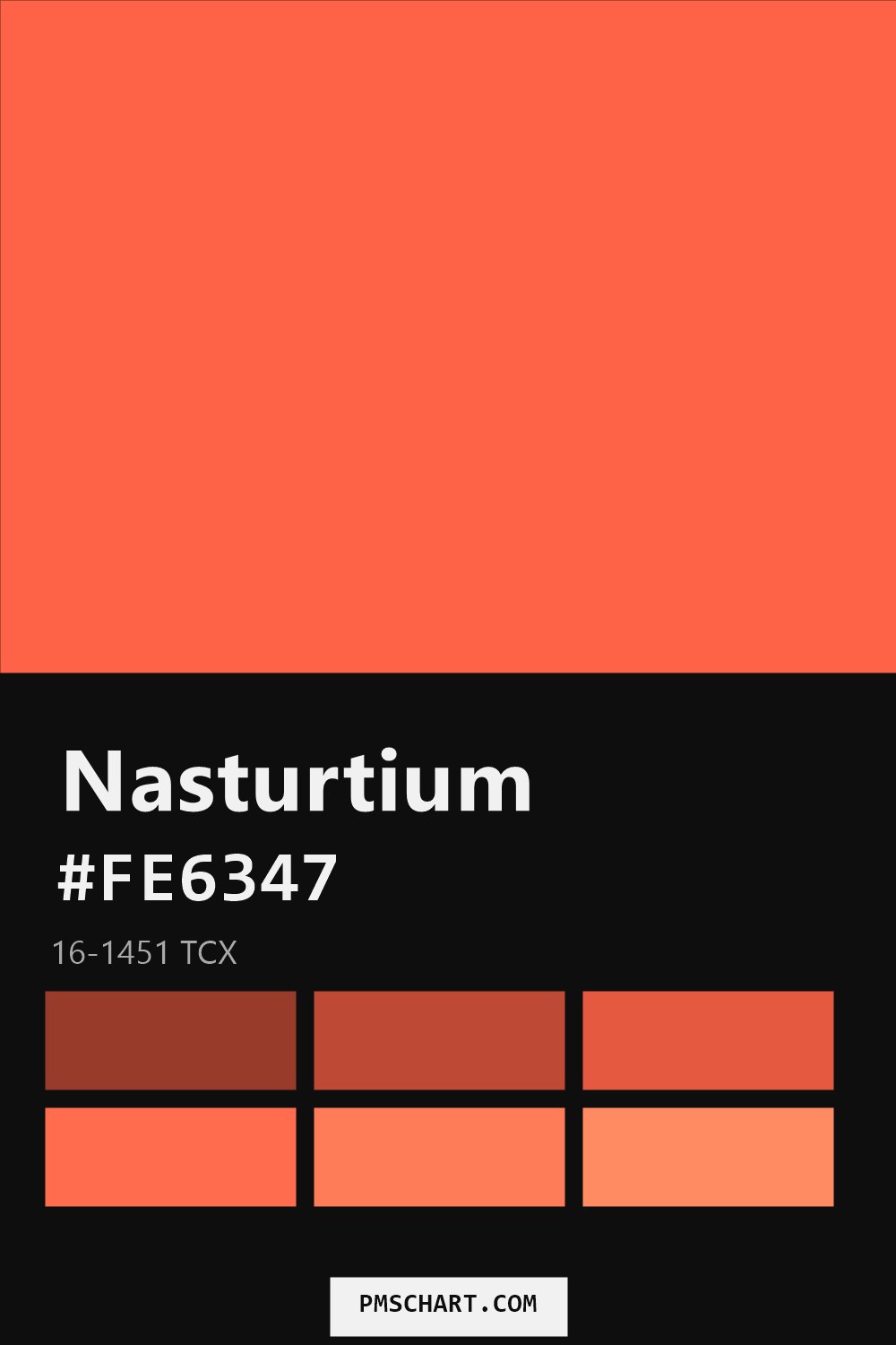 Pantone Nasturtium 16-1451 TCX color reference card (HEX #FE6347) with six nearest Pantone matches