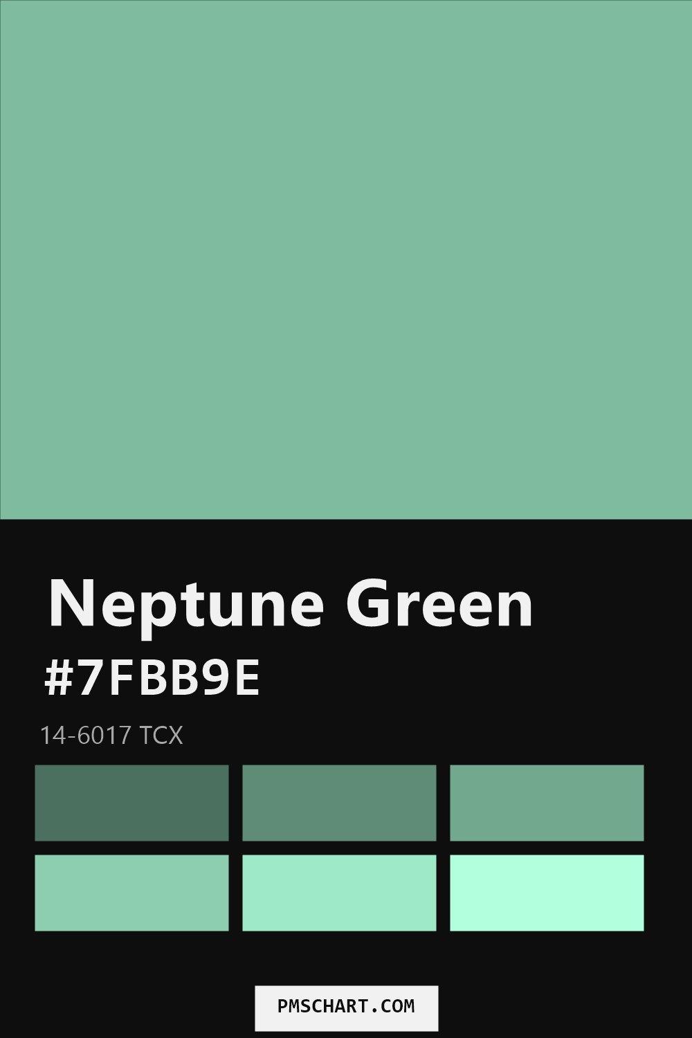 Pantone Neptune Green 14-6017 TCX color reference card (HEX #7FBB9E) with six nearest Pantone matches