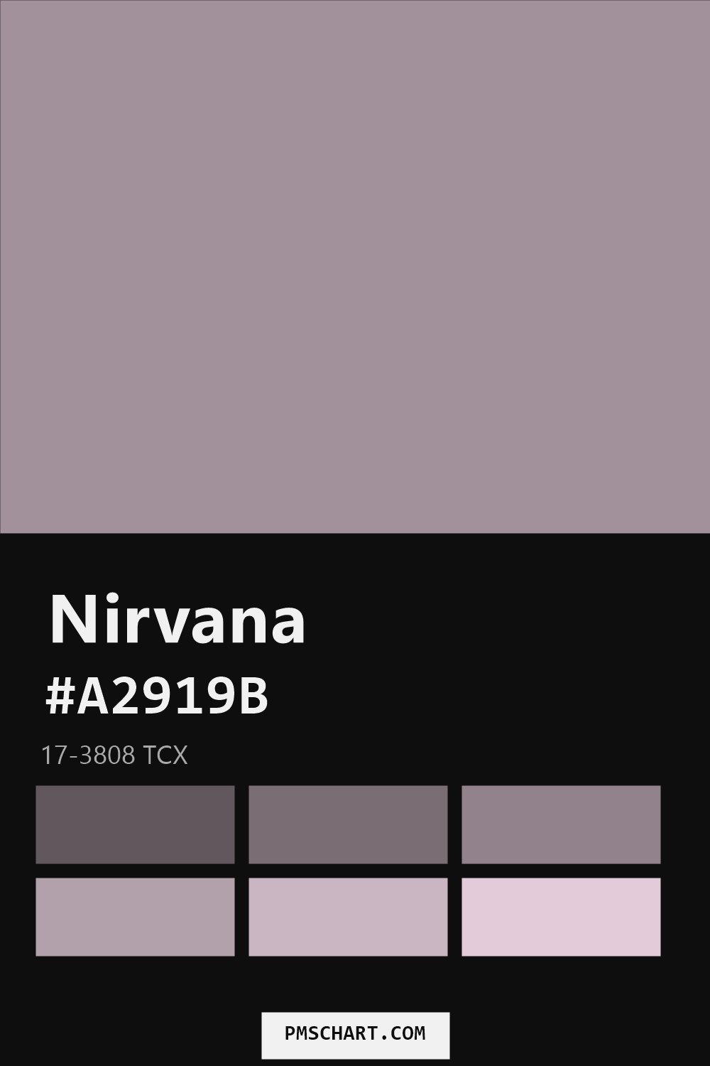 Pantone Nirvana 17-3808 TCX color reference card (HEX #A2919B) with six nearest Pantone matches