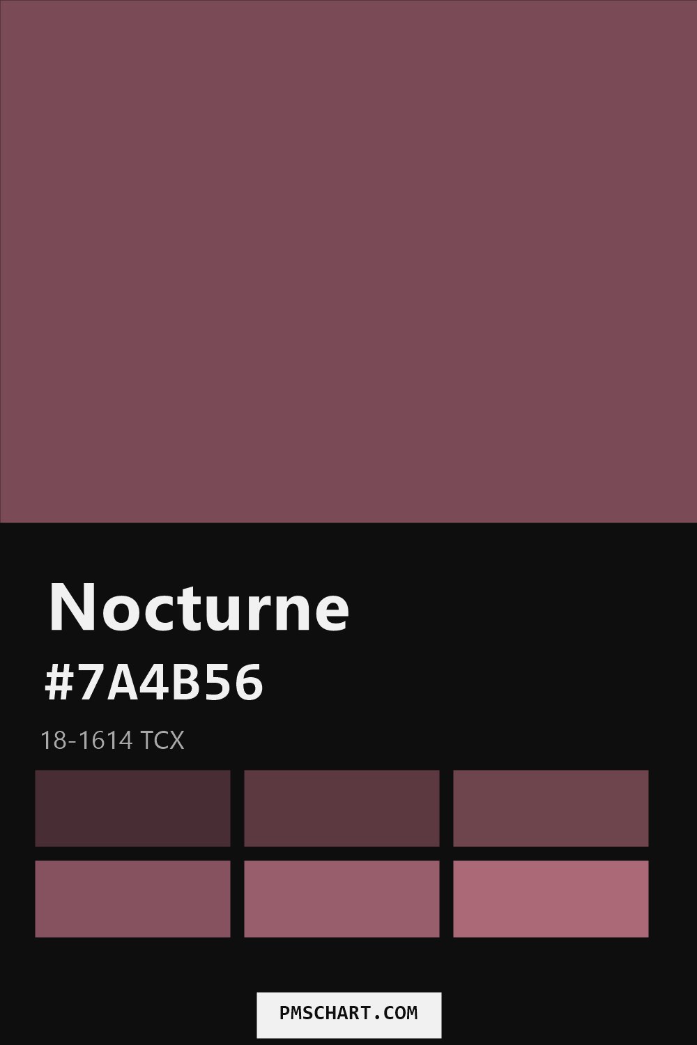Pantone Nocturne 18-1614 TCX color reference card (HEX #7A4B56) with six nearest Pantone matches
