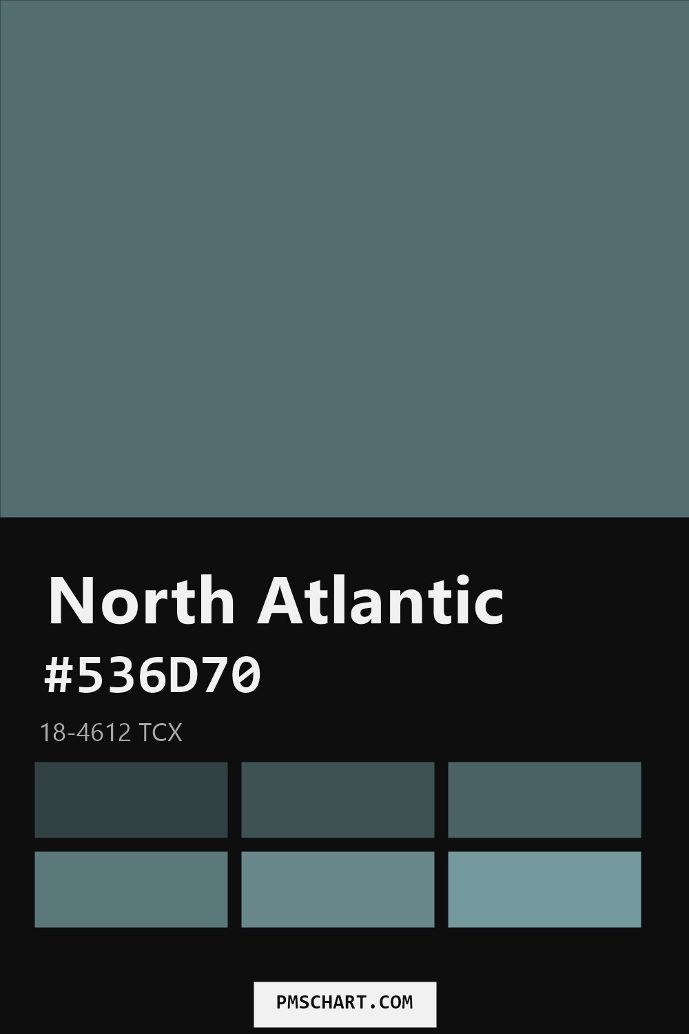 Pantone North Atlantic 18-4612 TCX color reference card (HEX #536D70) with six nearest Pantone matches