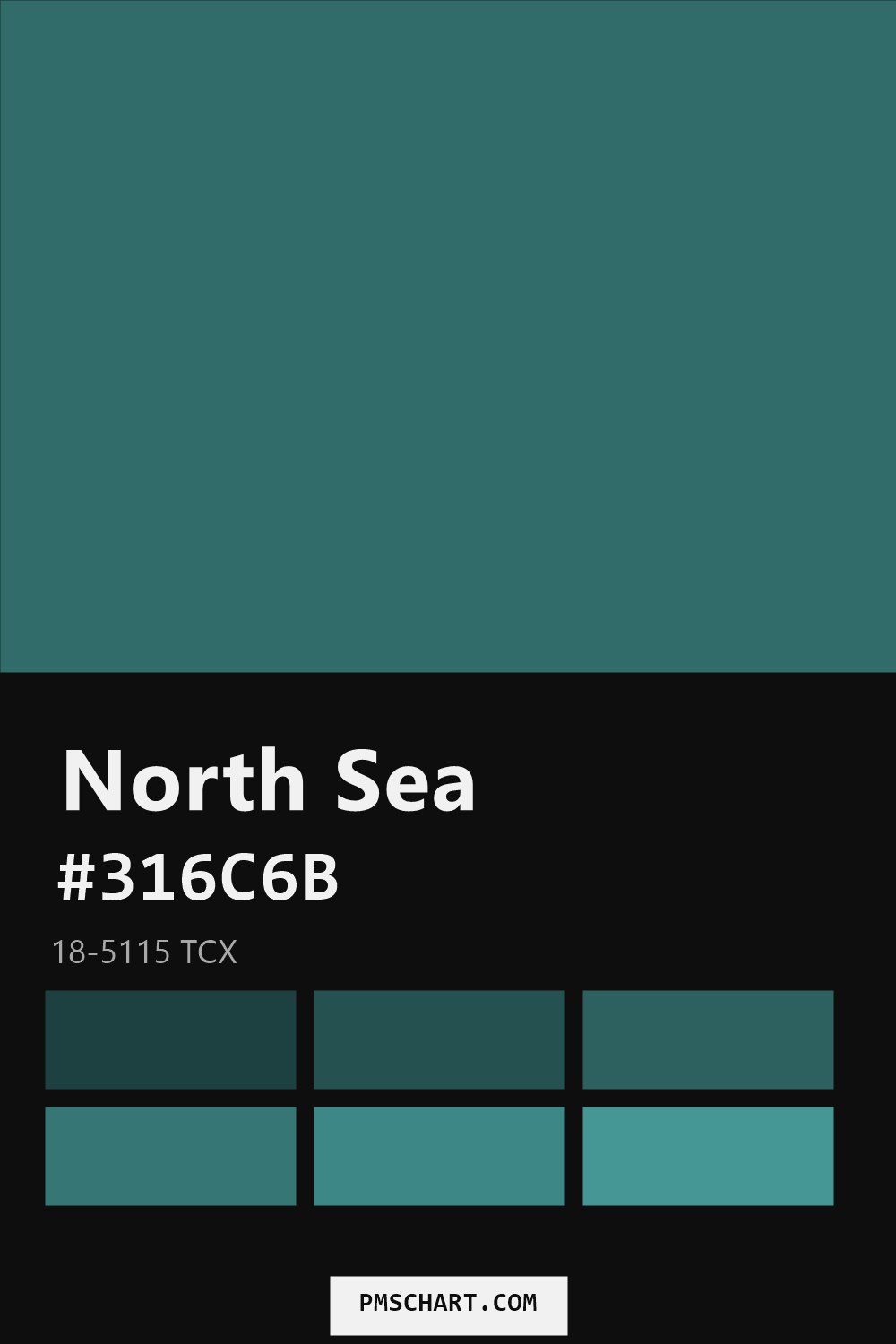 Pantone North Sea 18-5115 TCX color reference card (HEX #316C6B) with six nearest Pantone matches
