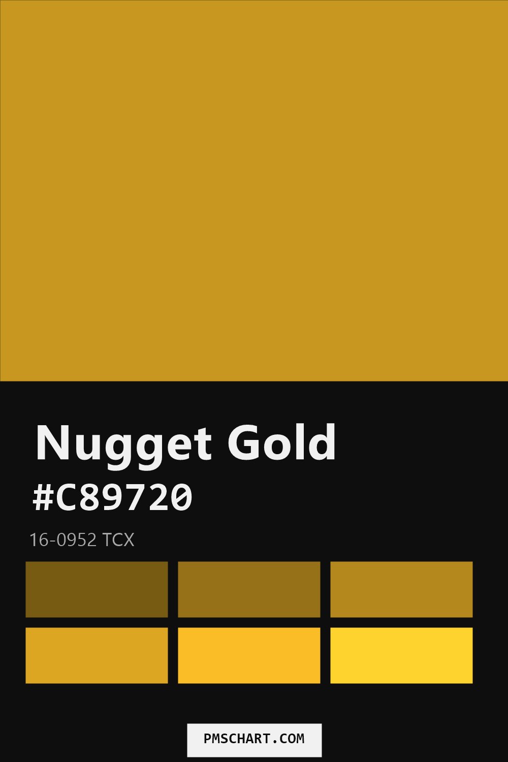 Pantone Nugget Gold 16-0952 TCX color reference card (HEX #C89720) with six nearest Pantone matches