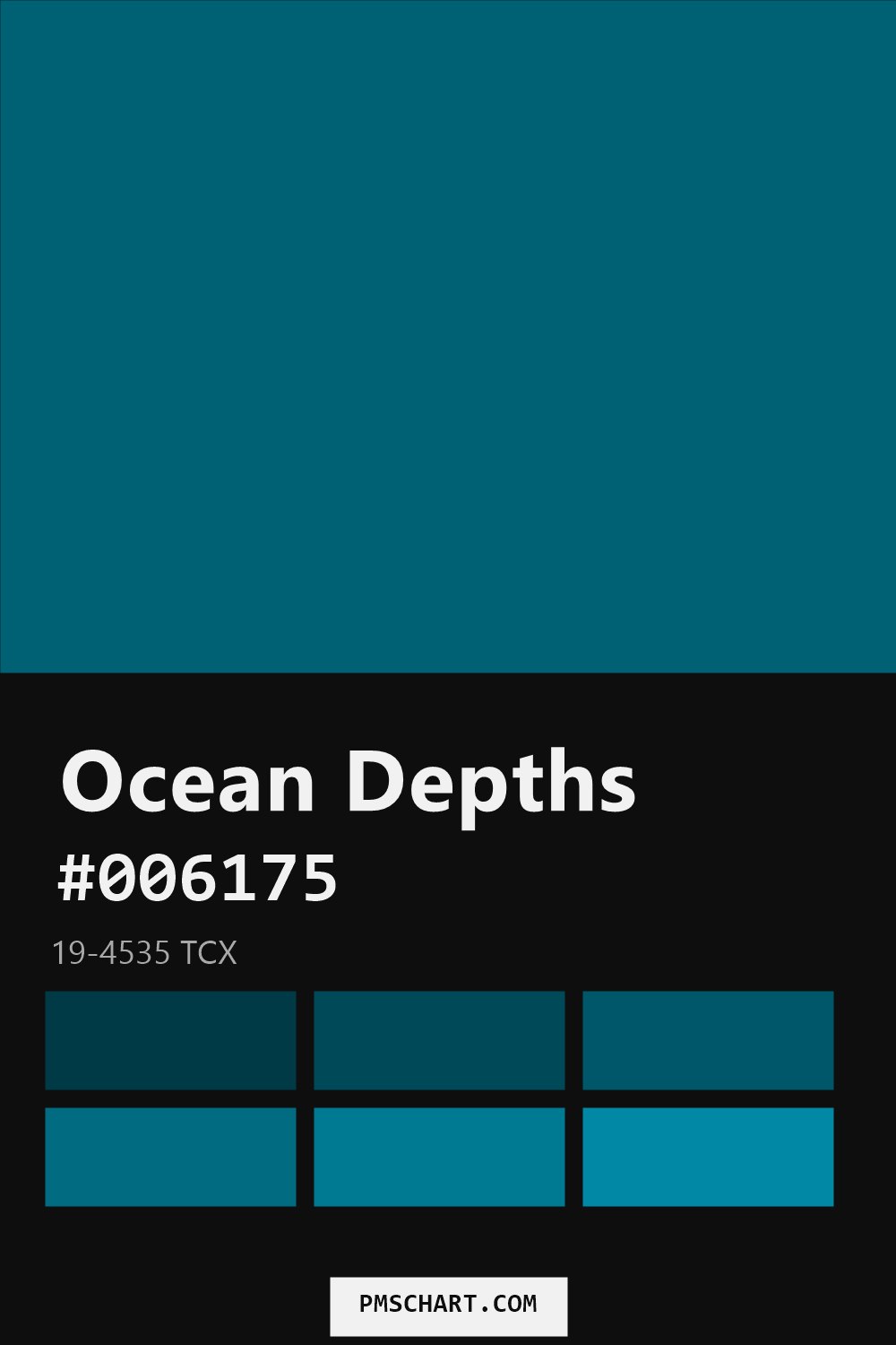 Pantone Ocean Depths 19-4535 TCX color reference card (HEX #006175) with six nearest Pantone matches