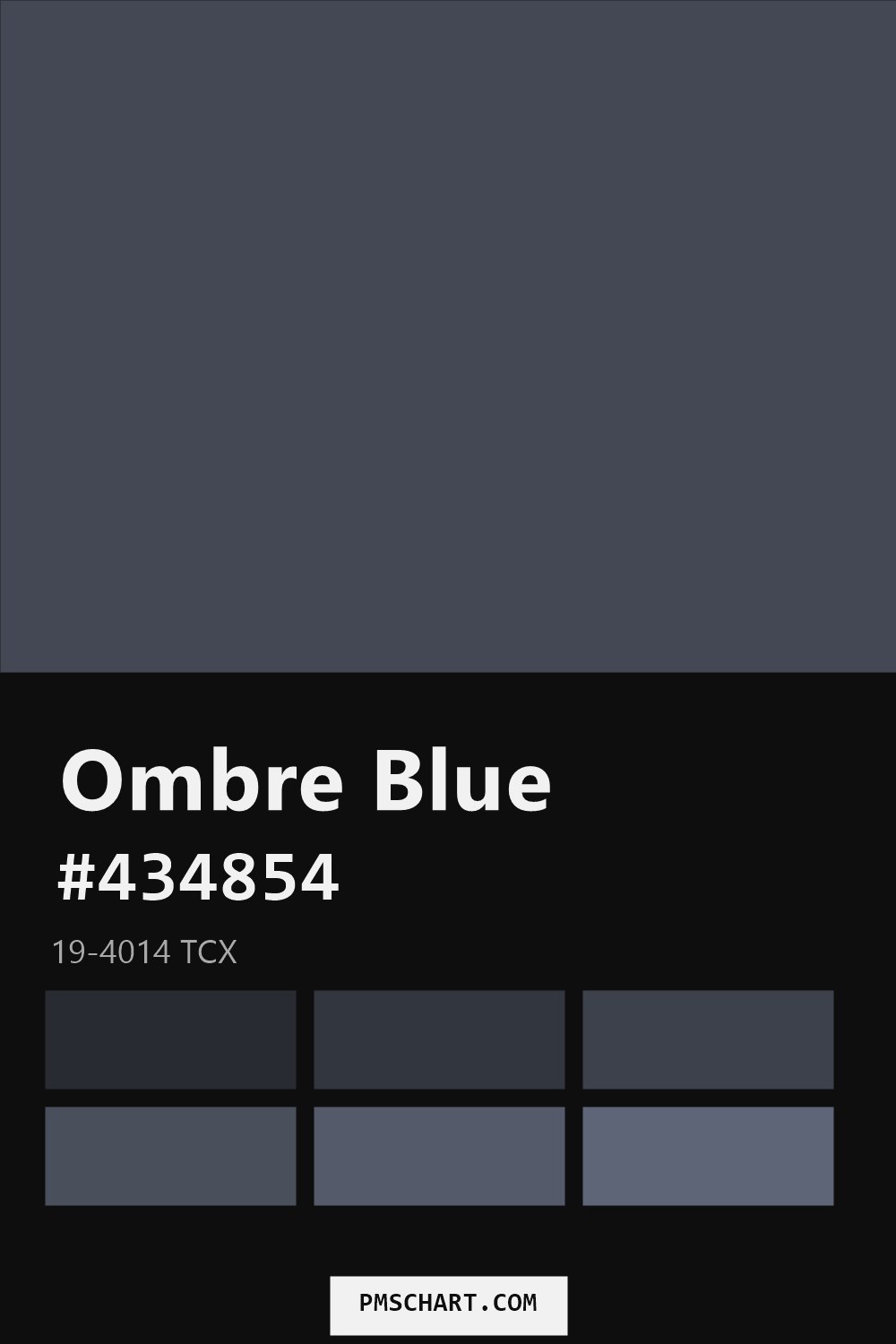 Pantone Ombre Blue 19-4014 TCX color reference card (HEX #434854) with six nearest Pantone matches